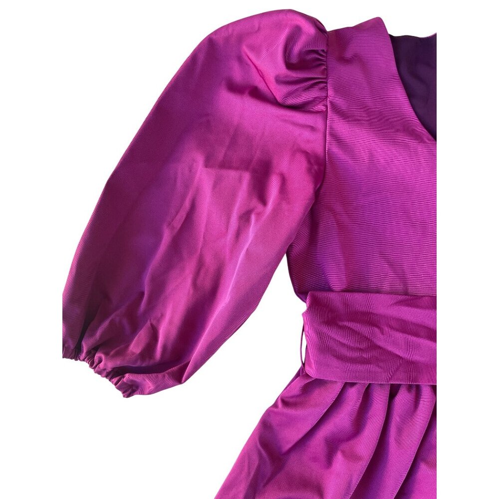 LaRoque Emma Small Puff Sleeve Mini Dress Magenta Fuchsia Cotton V-Neck Tie Wais - Picture 4 of 10
